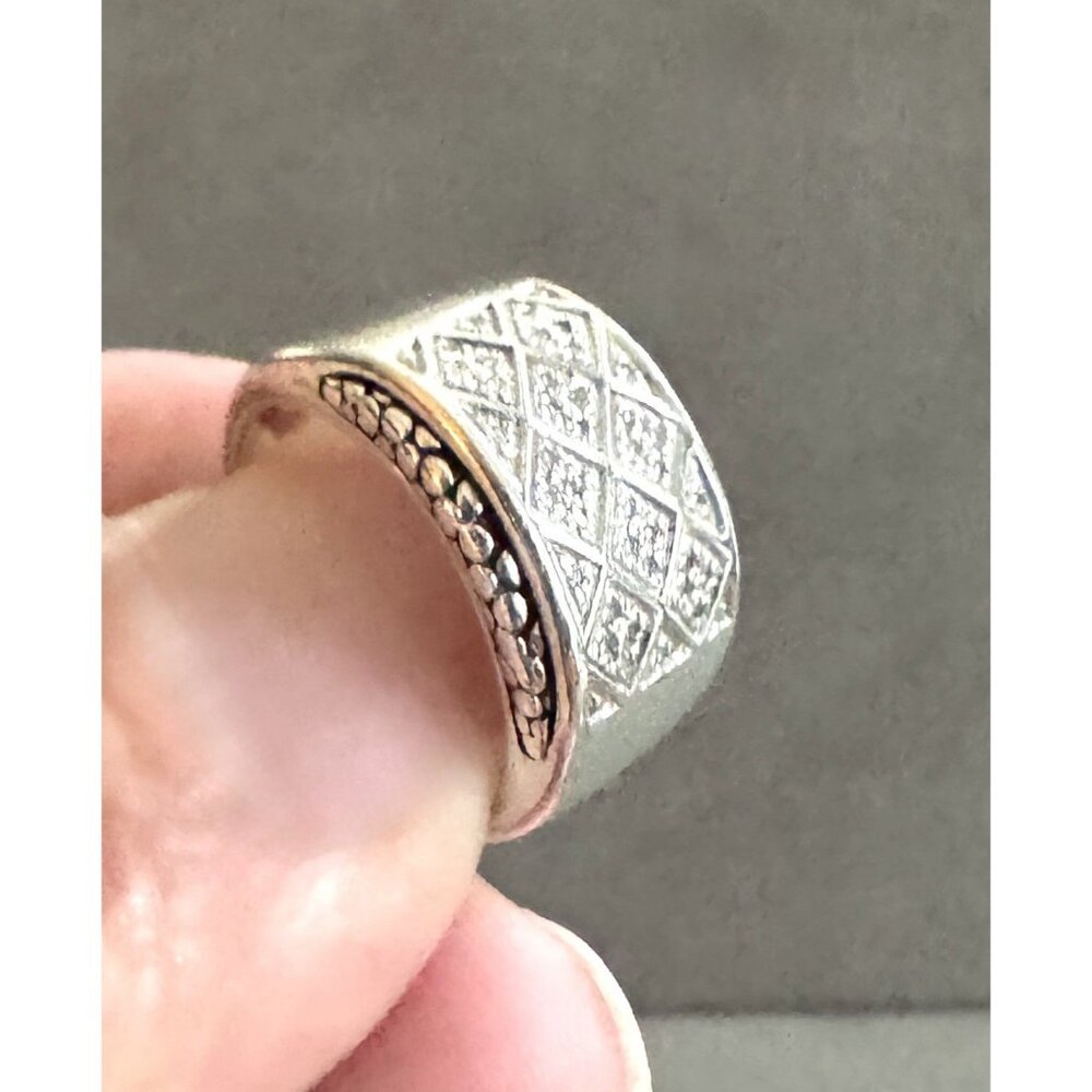 Vtg Michael Dawkins STERLING Silver + Real DIAMONDS Lattice Wide BAND RING Sz 7